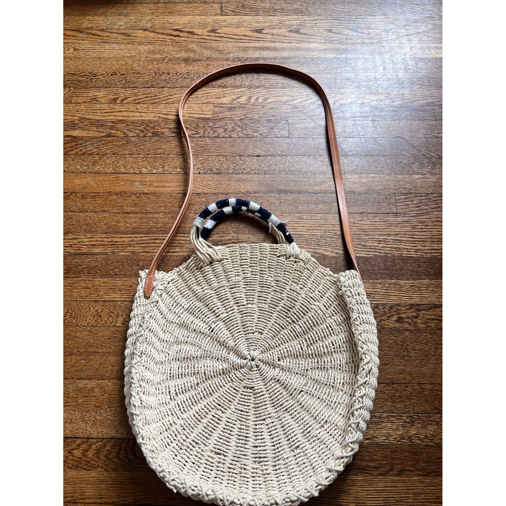 J.Crew Circle Straw Crossbody Bag Tan Leather Strap Nautical Navy Striped Handle